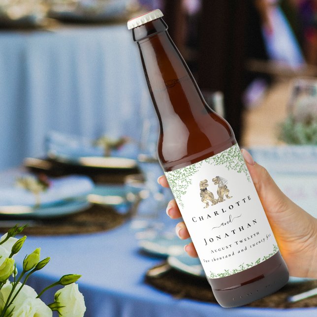 Dinosaur Theme Wedding Custom Bierflaschenetikett (Personalized dinosaur wedding beer labels Watercolor eucalyptus T-Rex bride & groom elegant script)