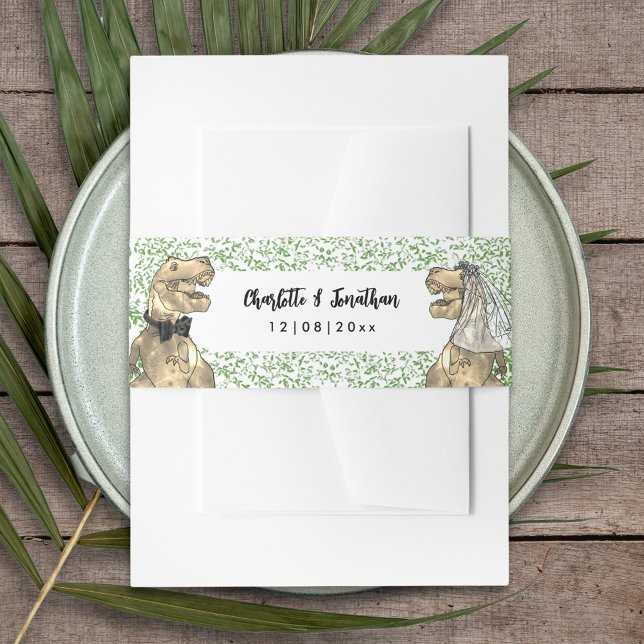 Dinosaur Theme Wedding Custom Einladungsbanderole (T-Rex bride and groom dinosaur wedding custom belly bands with Jurassic jungle foliage)