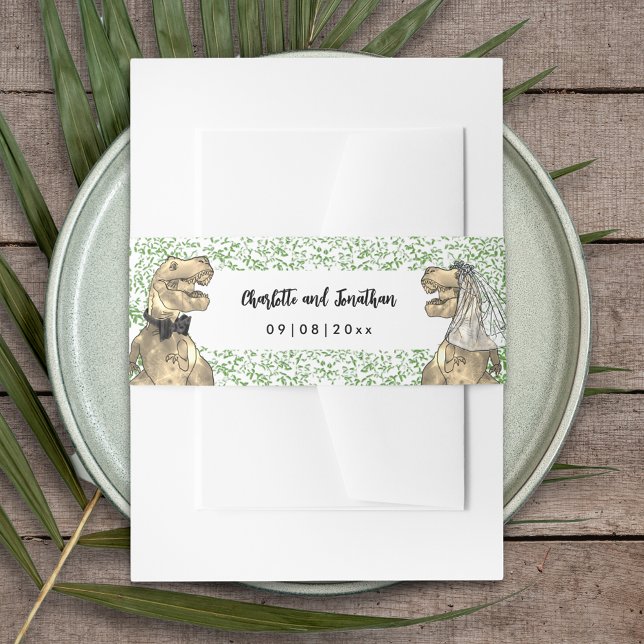 Dinosaur Theme Wedding Custom Einladungsbanderole (T-Rex bride and groom dinosaur wedding invitation belly band)