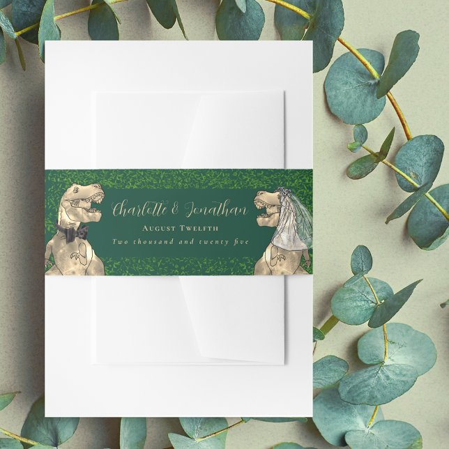 Dinosaur Theme Wedding Custom Einladungsbanderole (Dinosaur wedding dark green invitation custom belly bands watercolor eucalyptus foliage T-Rex dino)
