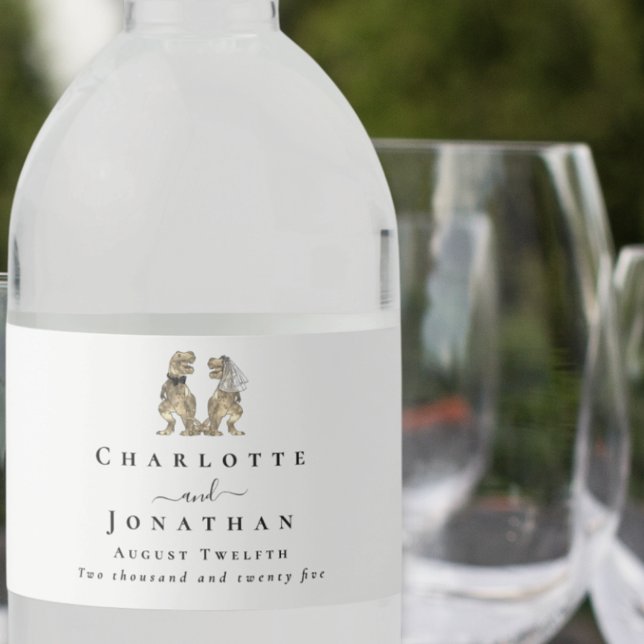 Dinosaur Theme Wedding Custom Wasserflaschenetikett (Dinosaur wedding personalized big water bottle labels modern Elegant script T-Rex bride and groom)