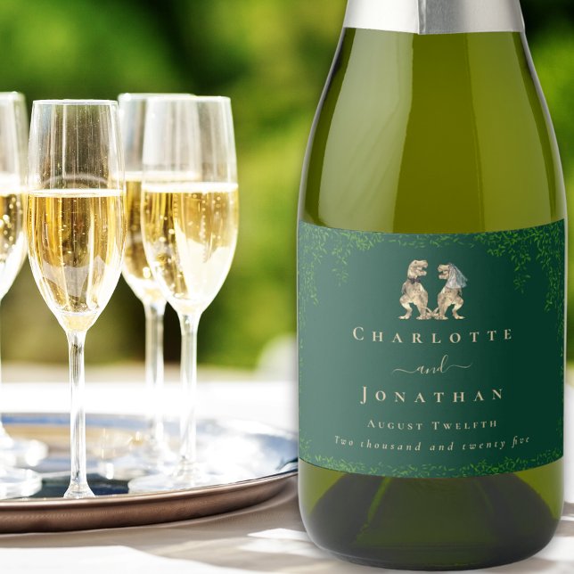 Dinosaur Theme Wedding Dark Green (Dinosaur themed wedding T-Rex bride and groom eucalyptus dark green custom sparkling wine labels)