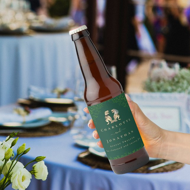 Dinosaur Theme Wedding Dark Green Bierflaschenetikett (Dinosaur wedding dark green custom beer labels T-Rex dino bride and groom eucalyptus foliage)