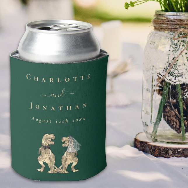 Dinosaur Theme Wedding Dark Green Dosenkühler (Dinosaur wedding personalized dark green bride and groom names fun T-Rex dino couple Can cooler)