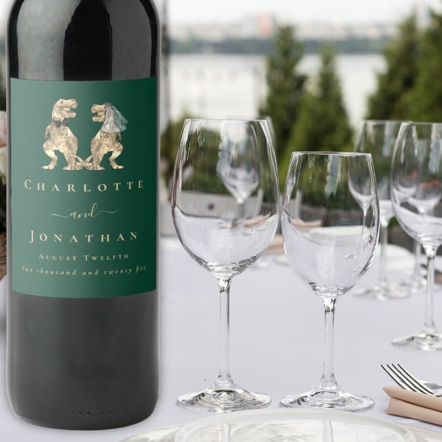 Dinosaur Theme Wedding Dark Green Weinetikett (T-Rex bride and groom dinosaur wedding dark green custom wine labels)