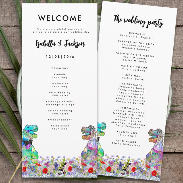Dinosaur Theme Wedding Day Programm (Dinosaur wedding colorful T-Rex bride and groom and wildflowers day of the wedding program )