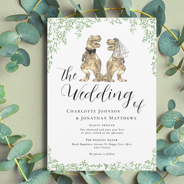 Dinosaur Theme Wedding Einladung (Dinosaur them wedding with watercolor eucalyptus foliage invitation)