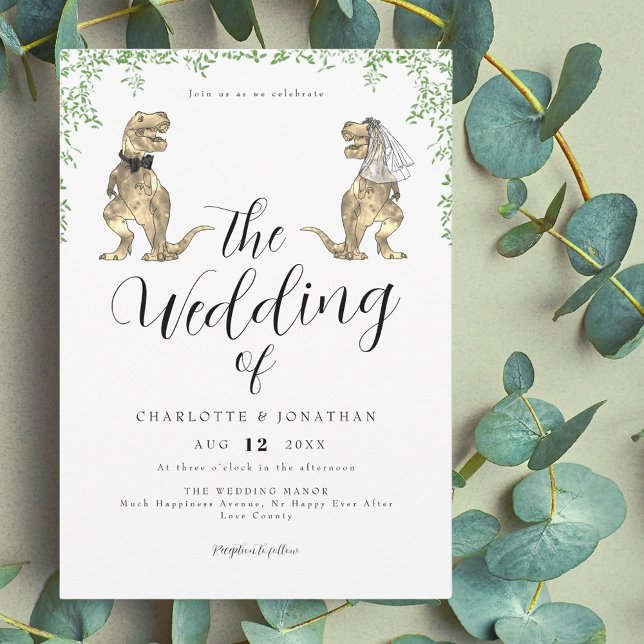 Dinosaur Theme Wedding Einladung (Dinosaur them wedding invitation with watercolor botanical foliage)