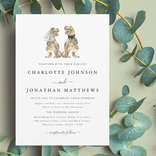 Dinosaur Theme Wedding Einladung (dinosaur theme wedding black and white invitation elegant modern T-Rex dino bride and groom)