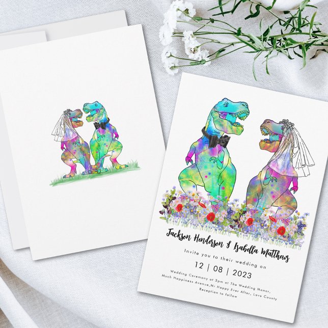 Dinosaur Theme Wedding Einladung (T-Rex bride and groom colorful wildflower meadow fun dinosaur wedding invitation )