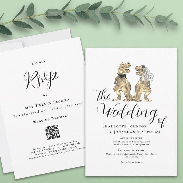 Dinosaur Theme Wedding Einladung (T-Rex bride and groom funny dinosaur wedding website qr code invitation Modern elegant script)