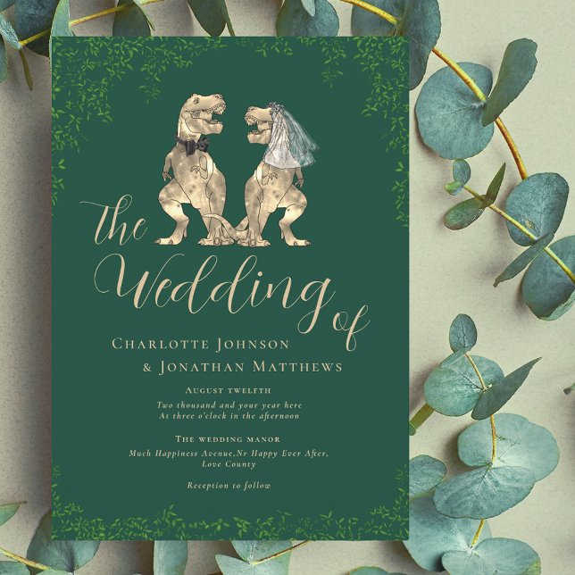 Dinosaur Theme Wedding Einladung (Dinosaur wedding T-Rex bride and groom dark green invitation fun Jurassic destination wedding )