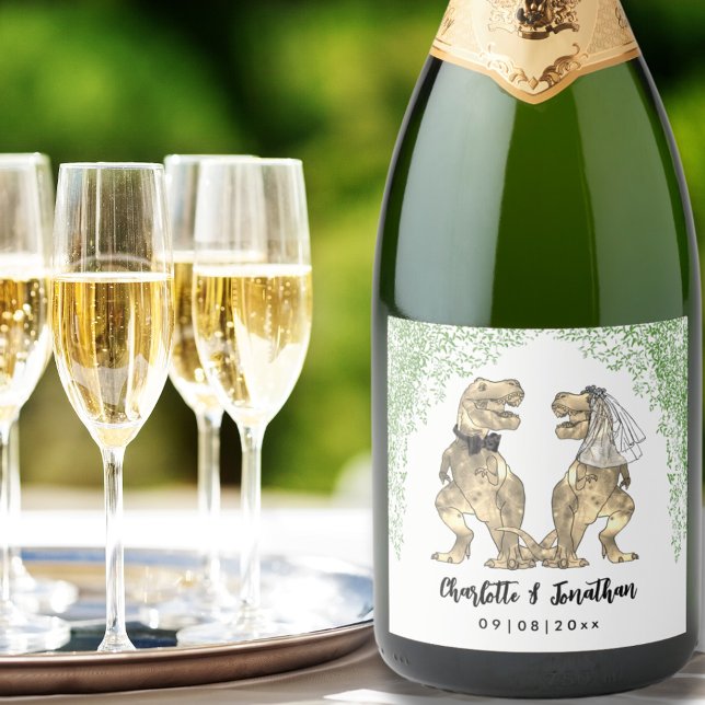 Dinosaur Theme Wedding Foliage Brauch (T-Rex Bride and Groom Dinosaur Wedding Custom sparkling wine labels)