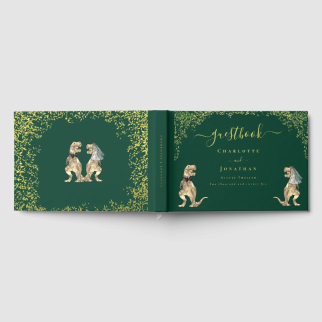 Dinosaur Theme Wedding Foliage Green Gold Gästebuch (Voll)