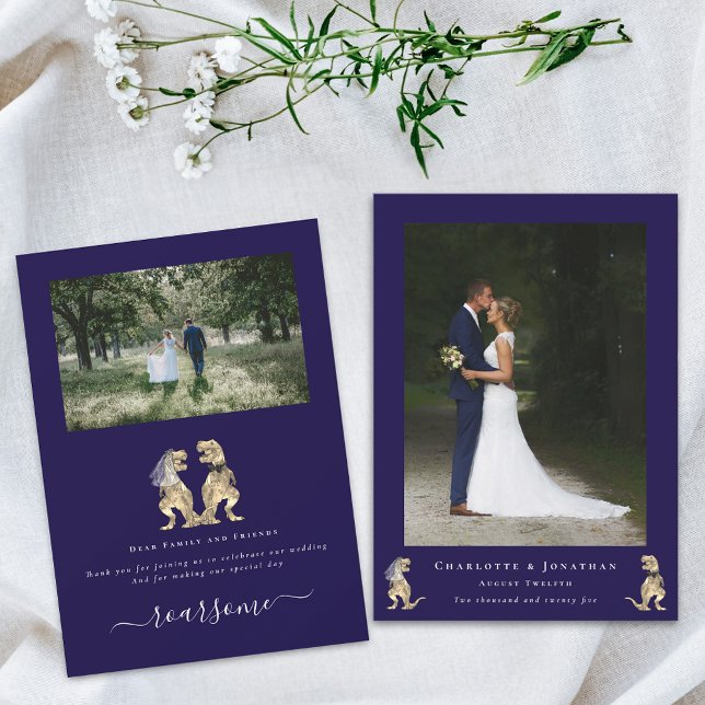 Dinosaur Theme Wedding Foto Navy Blue White Dankeskarte (Dinosaur theme wedding photo thank you navy blue and elegant white script flat card T-Rex dino)