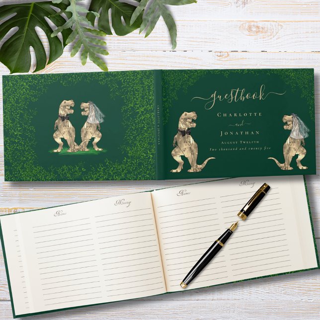 Dinosaur Theme Wedding Green Custom Gästebuch ( Dinosaur bride and groom wedding custom dark green  guest book funny T-Rex dino eucalyptus foliage )