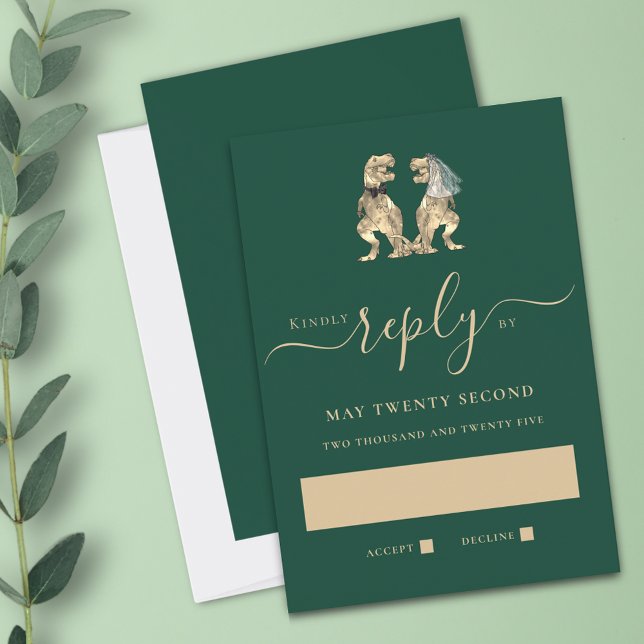 Dinosaur Theme Wedding Green Reply RSVP Karte (Dinosaur theme wedding RSVP dark green card Funny T-Rex dino bride and groom modern elegant script)
