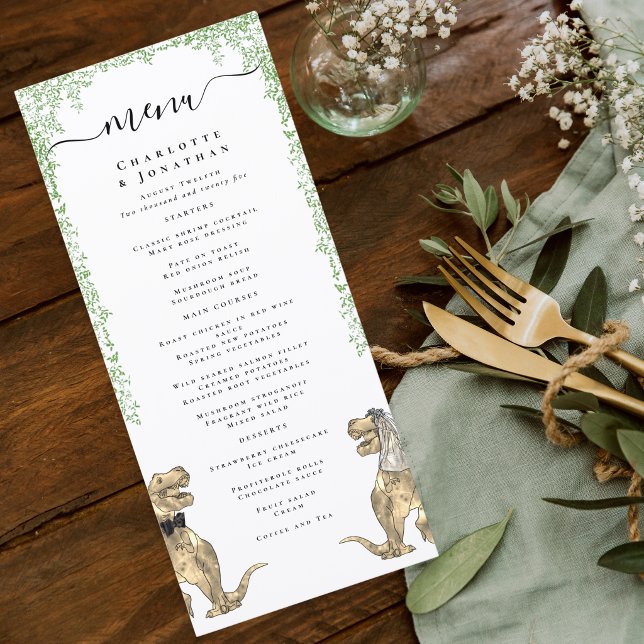 Dinosaur Theme Wedding Menu Menükarte (dinosaur bride and groom wedding menu with Jurassic jungle foliage)