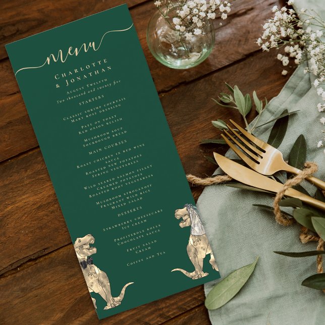 Dinosaur Theme Wedding Menu Menükarte (dinosaur bride and groom dark green wedding menu watercolor fun Jurassic T-Rex dino)