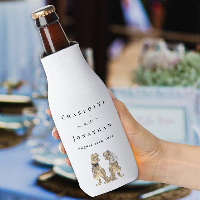 Dinosaur Theme Wedding Personalisiert Bierflaschenetikett (Dinosaur wedding personalized beer cooler modern elegant script T-Rex bride and groom white & white)