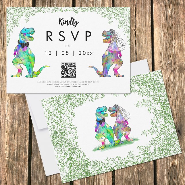 Dinosaur Theme Wedding QR Code Antwort (Funny Dinosaur Wedding rsvp with T-Rex bride and groom and jungle foliage)