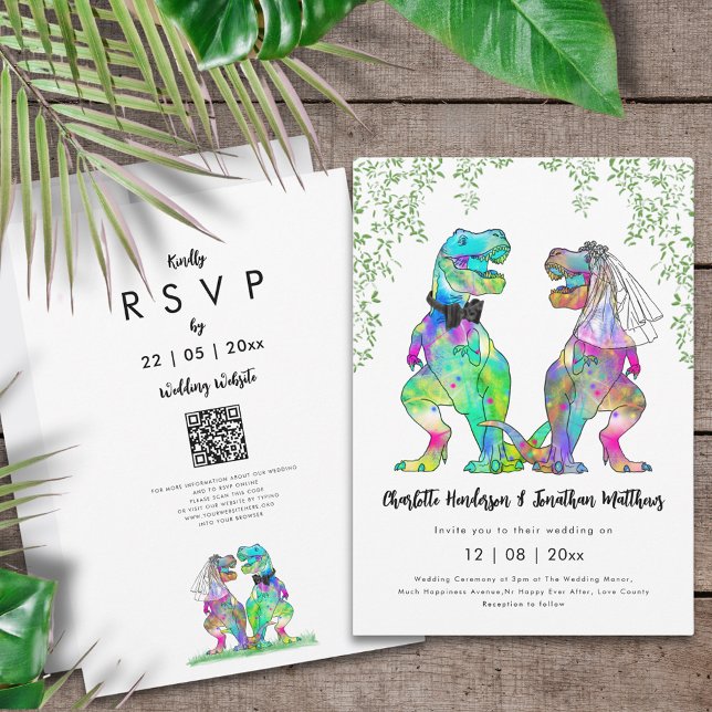Dinosaur Theme Wedding QR Code Einladung (Colorful dinosaur themed wedding invitation with website QR code funny T-Rex bride and groom )