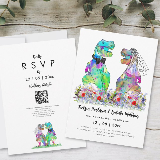 Dinosaur Theme Wedding QR Code Einladung (Dinosaur wedding inviation colorful funny T-Rex bride and groom with wildflowers)