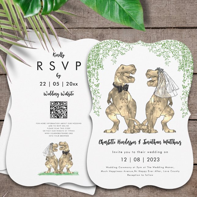 Dinosaur Theme Wedding QR Code Einladung (T-Rex bride and groom dinosaur  wedding invitation with website online rsvp qr code)
