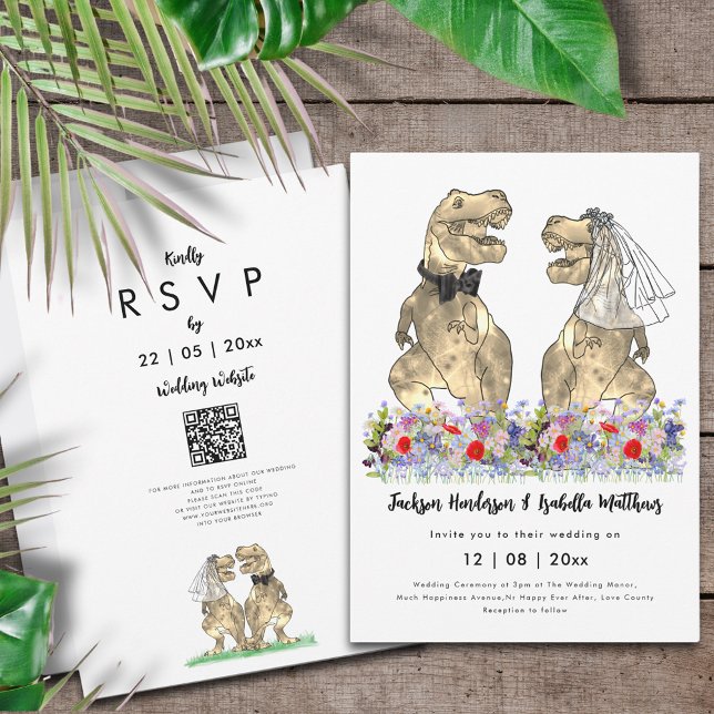 Dinosaur Theme Wedding QR Code Einladung (Dinosaur wedding QR code invitation T-Rex bride and groom in colorful prehistoric wildflower meadow)
