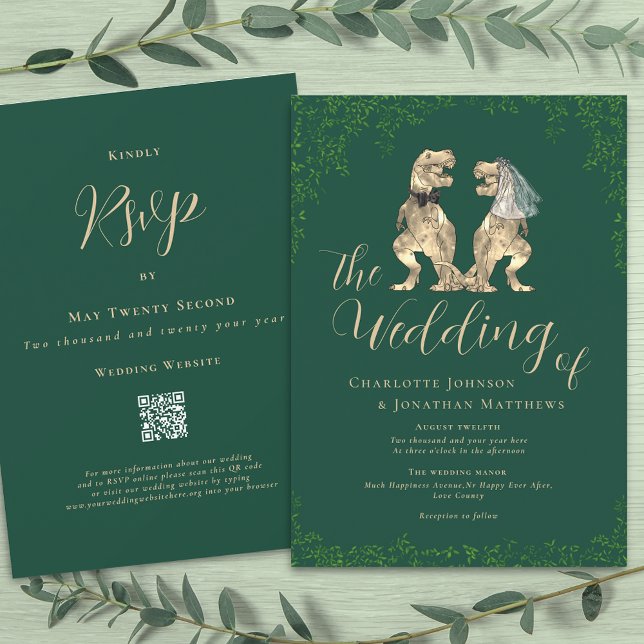 Dinosaur Theme Wedding QR Code Einladung (T-Rex dino bride and groom funny dinosaur wedding dark green invitation Eucalyptus foliage )