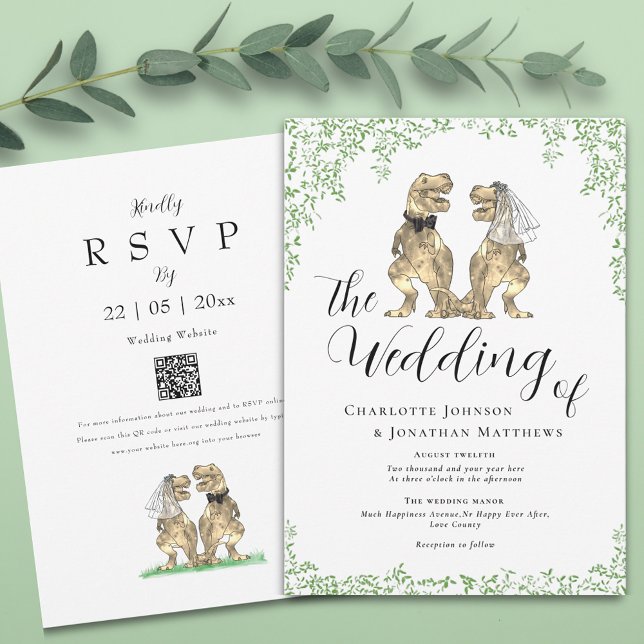 Dinosaur Theme Wedding QR Code Einladung (Botanical dinosaur wedding invitation with elegant script  watercolor eucalyptus foliage and qr code)
