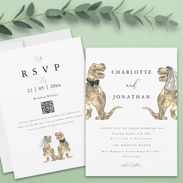 Dinosaur Theme Wedding QR-Code Einladung (T-Rex bride and groom funny dinosaur wedding qr code invitation )