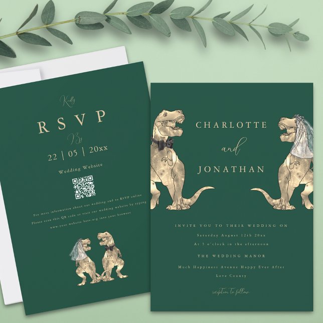 Dinosaur Theme Wedding QR-Code Green Einladung (Dinosaur theme wedding dark green invitation Funny T-Rex bride and groom modern Jurassic wedding )