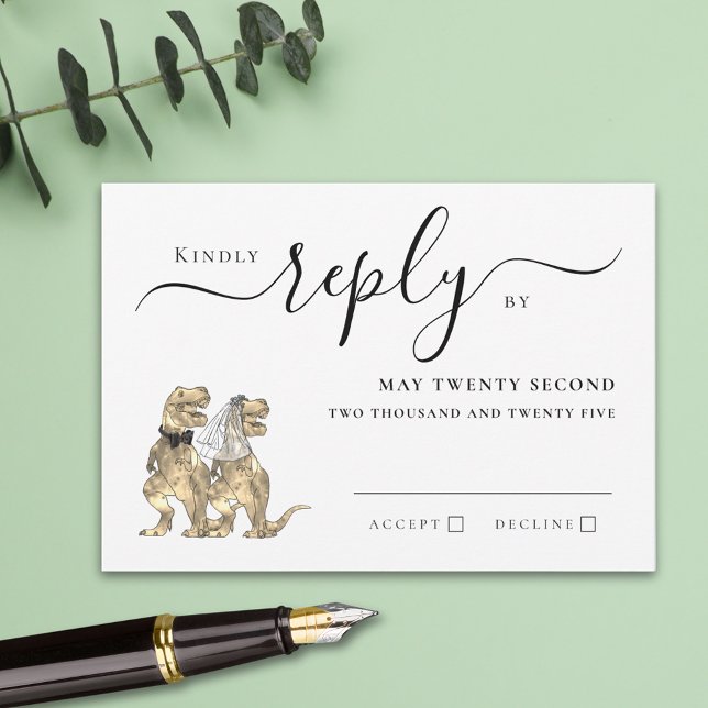 Dinosaur Theme Wedding Reply RSVP Karte (T-Rex bride and groom funny dinosaur wedding rsvp card Modern elegant script)