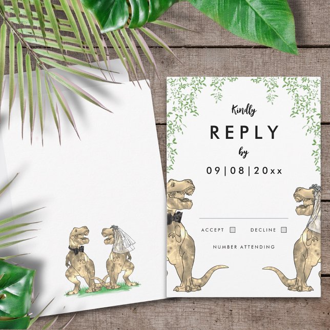 Dinosaur Theme Wedding Reply RSVP Karte (T-Rex bride and groom funny dinosaur wedding invitation RSVP reply enclosure card)