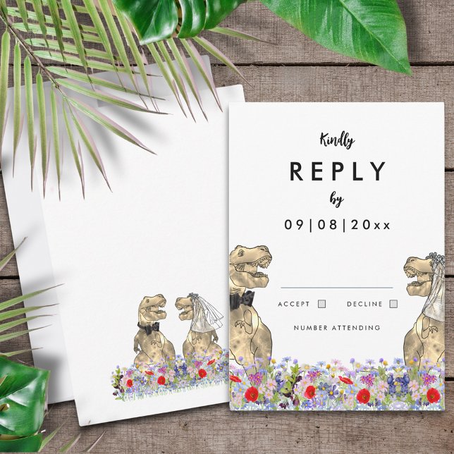 Dinosaur Theme Wedding Reply RSVP Karte (T-Rex bride and groom fun dinosaur wedding reply enclosure card)