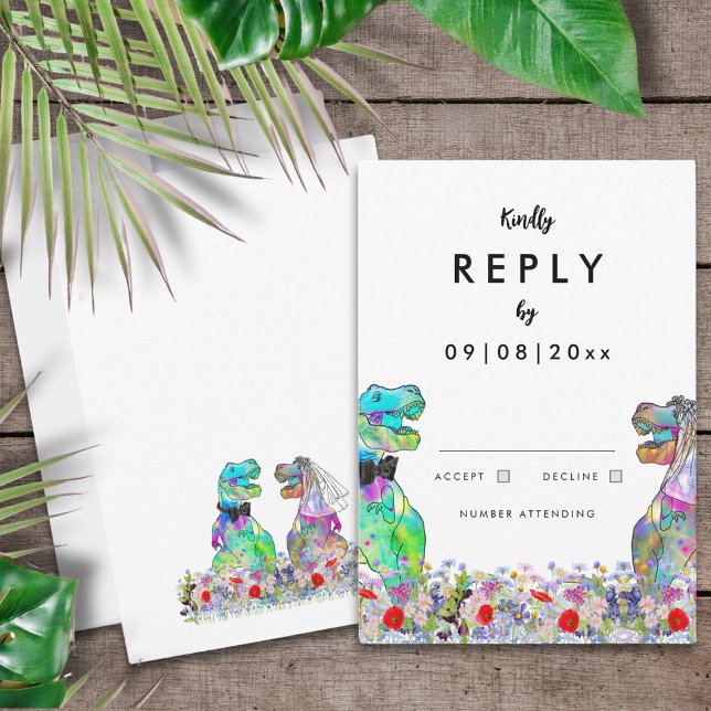 Dinosaur Theme Wedding Reply RSVP Karte (Colorful T-Rex bride and groom in wildflower meadow dinosaur themed wedding reply enclosure card)
