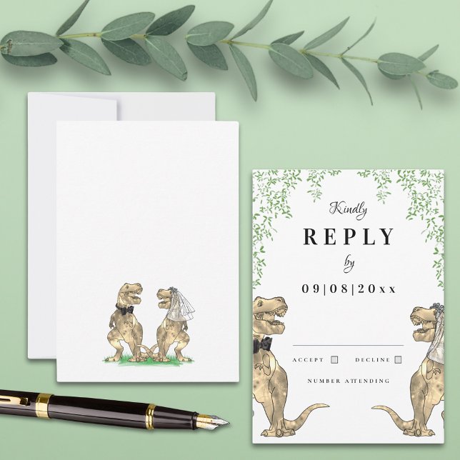 Dinosaur Theme Wedding Reply RSVP Karte (Botanical dinosaur theme wedding invitation reply with watercolor eucalyptus T-Rex bride and groom )