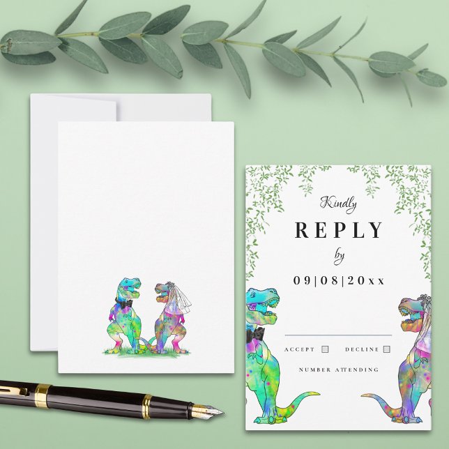 Dinosaur Theme Wedding Reply RSVP Karte (Botanical dinosaur wedding invitation with qr code and watercolor eucalyptus foliage)