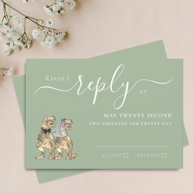 Dinosaur Theme Wedding Reply Sage Green RSVP Karte (Dinosaur theme wedding sage green invitation RSVP card fun T-Rex dino bride and groom elegant script)