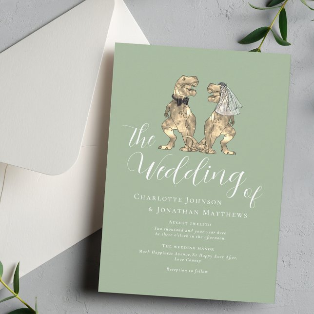 Dinosaur Theme Wedding Sage Green Einladung (Dinosaur theme wedding sage green elegant script T-Rex dino bride and groom fun destination wedding)