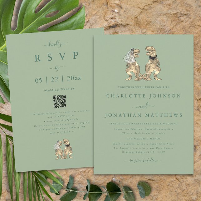 Dinosaur Theme Wedding Sage Green Qr Code Einladung (Dinosaur theme wedding qr code sage green invitation T-Rex dino bride & groom modern elegant script)