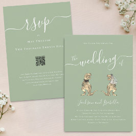 Dinosaur Theme Wedding Sage Green White QR Code Einladung