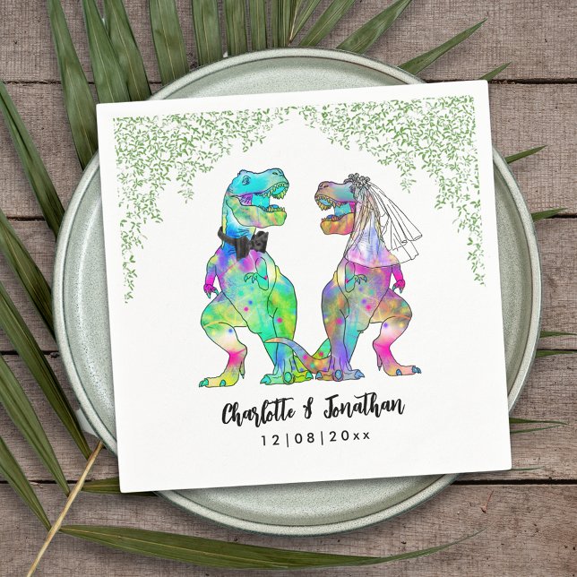 Dinosaur Theme Wedding Serviette (Colorful dinosaur themed wedding funny T-Rex bride and groom Jurassic jungle foliage custom napkin)