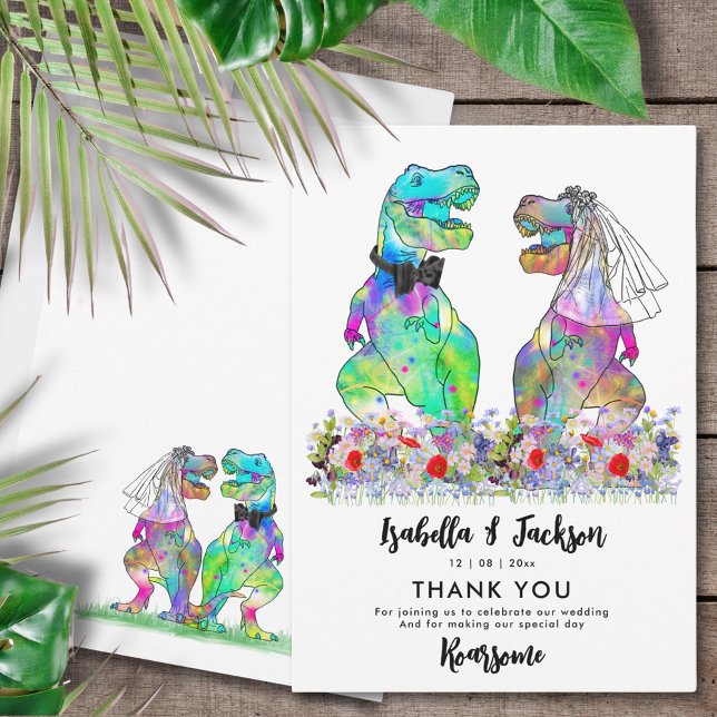Dinosaur Theme Wedding Vielen Dank Dankeskarte (Funny T-Rex bride and groom dinosaur wedding thank you card with colorful wildflowers)