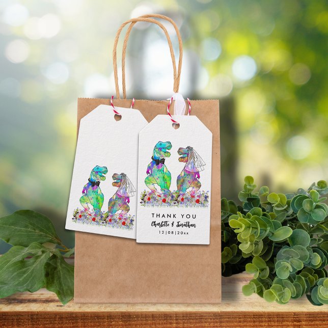 Dinosaur Theme Wedding Vielen Dank Geschenkanhänger (Dinosaur wedding colorful T-Rex bride and groom and wildflowers custom wedding thank you favor tags)