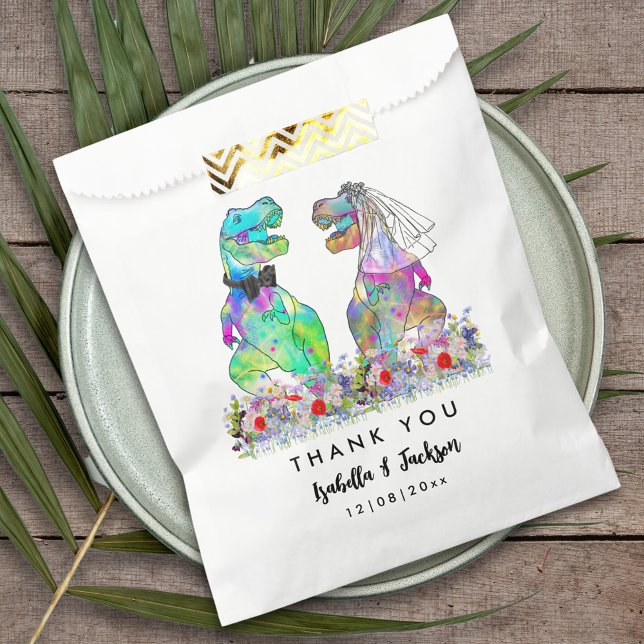 Dinosaur Theme Wedding Vielen Dank Geschenktütchen (Dinosaur wedding funny T-Rex bride and groom colorful wildflower custom wedding thank you favor bag)