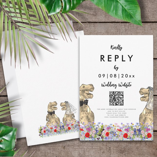 Dinosaur Theme Wedding Website Antwort (T-Rex bride and groom and colorful wildflowers Dinosaur wedding reply enclosure card with QR code)