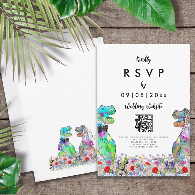 Dinosaur Theme Wedding Website QR Code RSVP Karte (Colorful dinosaur themed wedding online RSVP QR code enclosure card)
