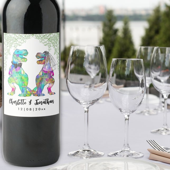Dinosaur Theme Wedding Weinetikett (Colorful T-Rex Bride and Groom Dinosaur Wedding Custom wine labels)